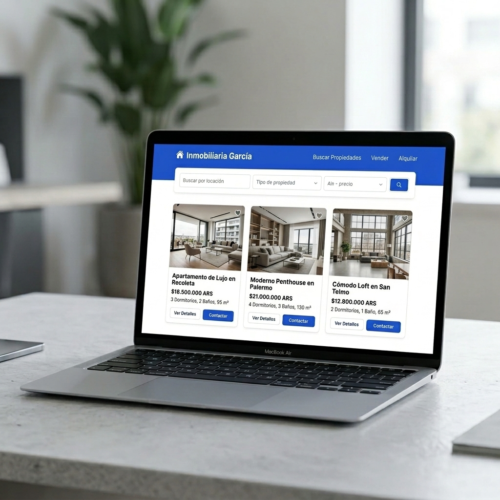 Portal inmobiliario profesional en laptop — SINMO